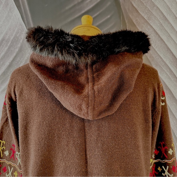 Bohemian Boho L Sweater Cardigan Shacket Merino Wool Rabbit Fut Brown Red Gold - Picture 4 of 16